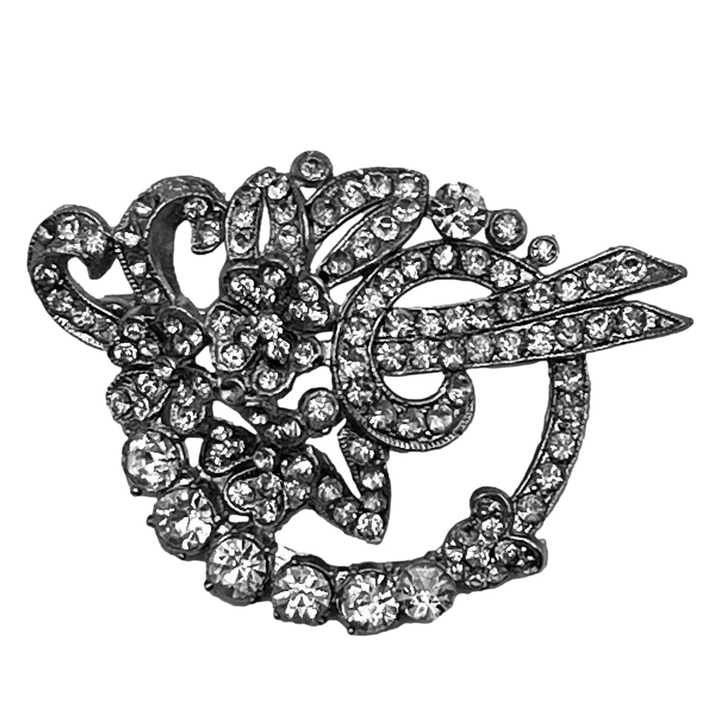 Vintage Rhinestone Brooch Silver Tone 2" Large Round Pin Closure Jewelry